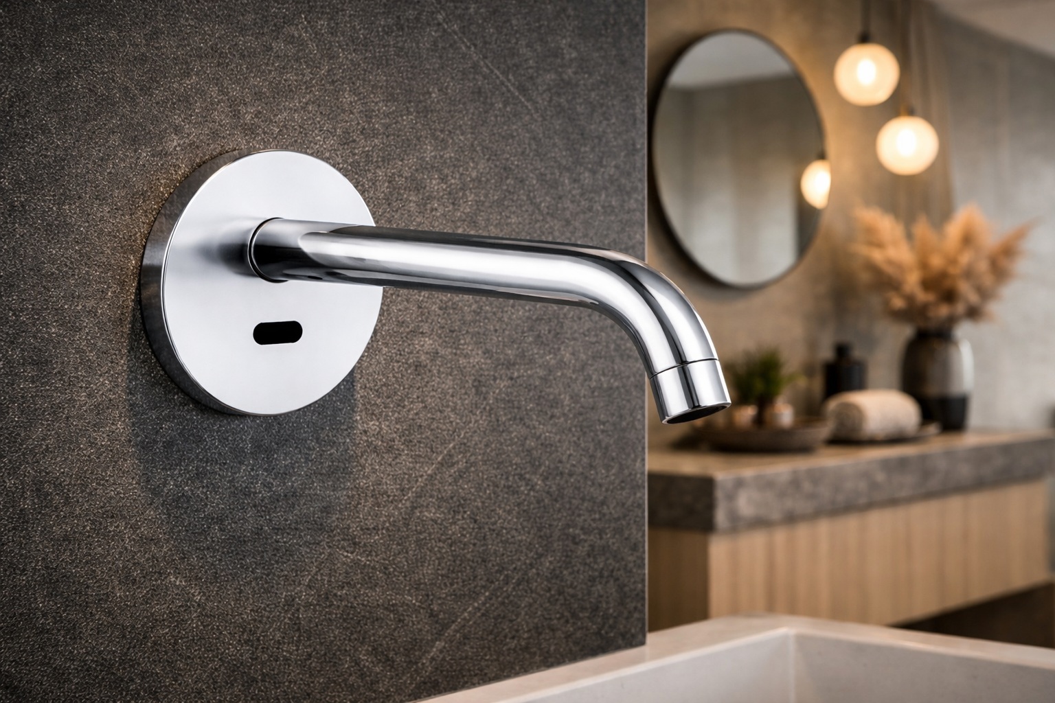 Wall mount touchless faucet finish option matte black or graphite for commercial restroom palettes